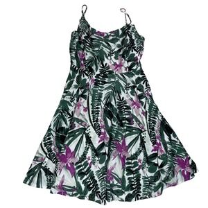 Women's Tropical Floral Smocked Spaghetti Strap Sun Dress Green Pink Size L
